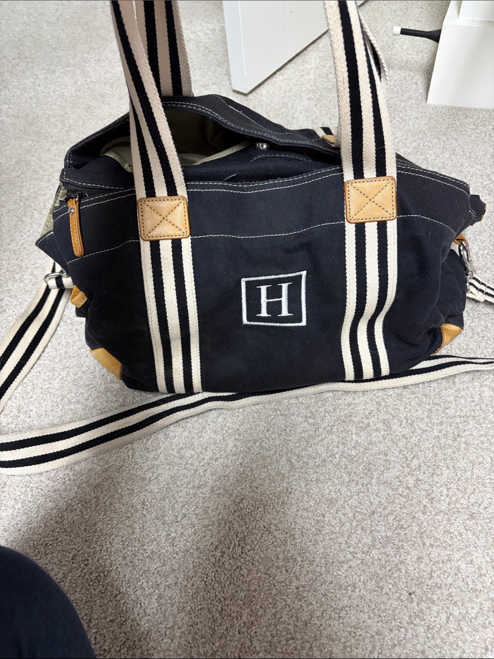 Pottery Barn Kids Black Canvas Tote with Cream Striped Straps